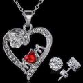 Elegant Silver Jewelry Set With Red Austrian Crystal Mom Heart Pendant in Complimentary Gift Box