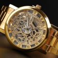 Business Men's Golden Stainless Steel Skeleton Wrist Watch in Gold - Complimentary Gift Box