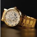 Business Men's Golden Stainless Steel Skeleton Wrist Watch in Gold - Complimentary Gift Box