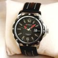 Elegant AUTO DATE CURREN Black & Silver Genuine Leather Waterproof Wrist Watch