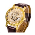 Trendy Men's Stainless Steel & Leather Skeleton Wrist Watch in Gold & Brown