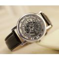 Trendy Men's Stainless Steel & Leather Skeleton Wrist Watch in Black & Silver in Gift Box