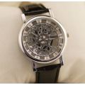 Trendy Men's Stainless Steel & Leather Skeleton Wrist Watch in Black & Silver in Gift Box