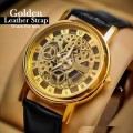 Trendy Men's Stainless Steel & Leather Skeleton Wrist Watch in Gold & Black