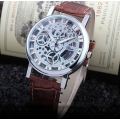 Trendy Men's Stainless Steel & Leather Skeleton Wrist Watch in Brown & Silver in Gift Box