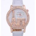 Elegant Rose Gold & Crystal Eiffel Tower Leather Quartz Wrist Watch