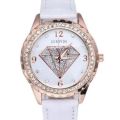Elegant GERRYDA Ladies Leather Crystal Diamond Shaped Quartz Wrist Watch - Rosegold & Black / White
