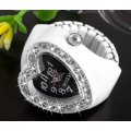 Stylish Ladies Crystal Heart Quartz Ring Watch in White or Black