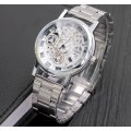 Elegant Men's Business Skeleton Stainless Steel Wrist Watch in Silver - Complimentary Gift Box