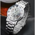 Elegant Men's Business Skeleton Stainless Steel Wrist Watch in Silver - Complimentary Gift Box