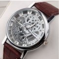 Trendy Men's Stainless Steel & Leather Skeleton Wrist Watch in Silver & Brown