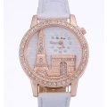 Elegant Paris Eiffel Tower Rose Gold & Austrian Crystal Leather Quartz Wrist Watch