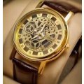 Trendy Men's Stainless Steel & Leather Skeleton Wrist Watch in Gold & Brown