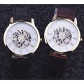 Trendy & Stylish Men's Leather Skeleton Wrist Watch in Gold & Brown OR Gold & Black