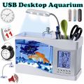 USB Desktop Aquarium, Water Recirculates to provide Oxygen, LED Light, LCD Display,Stationary Holder