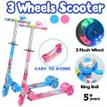 Three Wheel Adjustable Height Metal Folding Skate Scooter with Led Lights and Bell in Blue or Pink