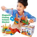 Magnetic wooden shape Column Builder with fishing rod