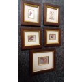 Five small frames with miniature art - not vintage