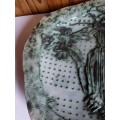 Large Glazed Pottery Bowl with Impression of Cat and Bird