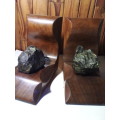 Vintage Pair of Solid & Heavy Wooden Bookends with Mineral Rocks