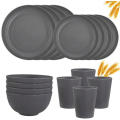 16pcs Deep Grey Wheat Straw Tableware Set, Reusable & Microwave & Dishwasher Safe, Unbreakable Plate