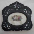 STUNNING!! VICTORIAN BLACK LACQUERED WALL HANGING LETTER HOLDER WITH ABALONE INLAY CIRCA 1880's