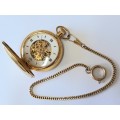 Spectacular!! Royal gold plated skeleton face mechanical pocket watch with chain Value R1500