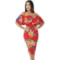 *WILD ROSE* Red Leafy Floral Layered Ruffle Off Shoulder Midi Dress - S/M/L