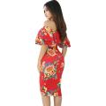 *WILD ROSE* Red Leafy Floral Layered Ruffle Off Shoulder Midi Dress - S/M/L