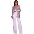 *CLEARANCE SALE* *LOCAL STOCK* Black White Striped Ruffle Off Shoulder Jumpsuit - MEDIUM