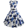 *LOCAL STOCK* Clearance! White Blue Rose Floral Retro Style Belted A Line Vintage Swing Dress - 2XL