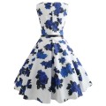 *LOCAL STOCK* Clearance! White Blue Rose Floral Retro Style Belted A Line Vintage Swing Dress - 2XL