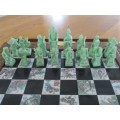 FOR NICK ONLY - ORNATE VINTAGE CHINESE CHESS SET  CARVED FOLD-UP WOODEN CASE - EACH PAWN DIFFERENT -