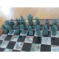 FOR NICK ONLY - ORNATE VINTAGE CHINESE CHESS SET  CARVED FOLD-UP WOODEN CASE - EACH PAWN DIFFERENT -