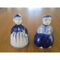SMALL VINTAGE/ANTIQUE BLUE AND WHITE DUTCH SALT AND PEPPER SHAKERS - MARKED ON BASES