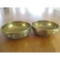 TWO SMALL VINTAGE CHINESE BRASS BOWLS WITH RAISED DRAGON AND CHINESE SYMBOL OF HAPPINESS
