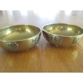 TWO SMALL VINTAGE CHINESE BRASS BOWLS WITH RAISED DRAGON AND CHINESE SYMBOL OF HAPPINESS