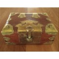 VINTAGE CHINESE WOODEN BOX WITH DETAILED BRASS OVERLAY AND TURTLE LATCH - MARK AND SIGNATURE ON BASE