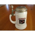 A RARE VINTAGE BMF MILK GLASS BEER STEIN MADE IN WEST GERMANY - DEPICTING OPERA, AIDA
