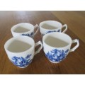 A SET OF FOUR VINTAGE BLUE AND WHITE JOHNSON BROS ESPRESSO CUPS & SAUCERS - THE OLD MILL