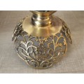 GORGEOUS!! ENORMOUS ORNATE BRASS CANDLE HOLDER WITH CANDLE (COMPARE SIZE TO WINE BOTTLE AND CHAIR)