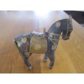 TWO VERY OLD HAND CRAFTED WOODEN HORSES WITH COPPER AND BRASS INLAYS FROM INDIA/MIDDLE EAST