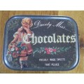 A VINTAGE "DAINTY MISS CHOCOLATES" TIN FILLED WITH OVER A HUNRED OLD 1/2 CENT COINS (LARGER SIZE)