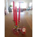 SOMETHING FESTIVE FOR CHRISTMAS - PAINTED BRASS 3-CANDLE CANDLESTICK,  SMALL SANTA ,3 UNUSED CANDLES
