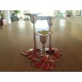 SOMETHING FESTIVE FOR CHRISTMAS - PAINTED BRASS 3-CANDLE CANDLESTICK,  SMALL SANTA ,3 UNUSED CANDLES