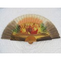 ANTIQUE 19TH CENTURY  HAND PAINTED WOOD and CLOTH SPANISH HAND FAN DEPICTING BULLFIGHTING SCENE