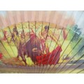 ANTIQUE 19TH CENTURY  HAND PAINTED WOOD and CLOTH SPANISH HAND FAN DEPICTING BULLFIGHTING SCENE