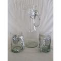 FOR SOMARI ONLY - NGWENYA GLASS PITCHER AND TWO BEER GLASSES WITH PEWTER ELEPHANT HEAD HANDLES