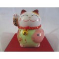 A CUTE CHINESE PORCELAIN MANEKI-NEKO (LUCKY CAT) IN PERSPEX BOX