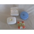 FOUR VINTAGE CONTAINERS WITH EXOTIC UNUSED SOAPS - ESTEE LAUDER, PUHLS, YARDLEY AND CHRYSALIS